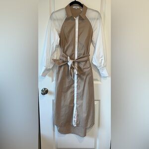 Pearl by Lela Rose Tan White Color Block Cotton Poplin Belted Dress Pockets